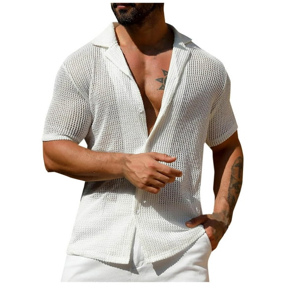 Yyeselk Men's Summer Beach Shirt Stylish Hawaiian Short Sleeve Casual Button Down Knit Shirts Cutout See Through Sheer Shirts White S