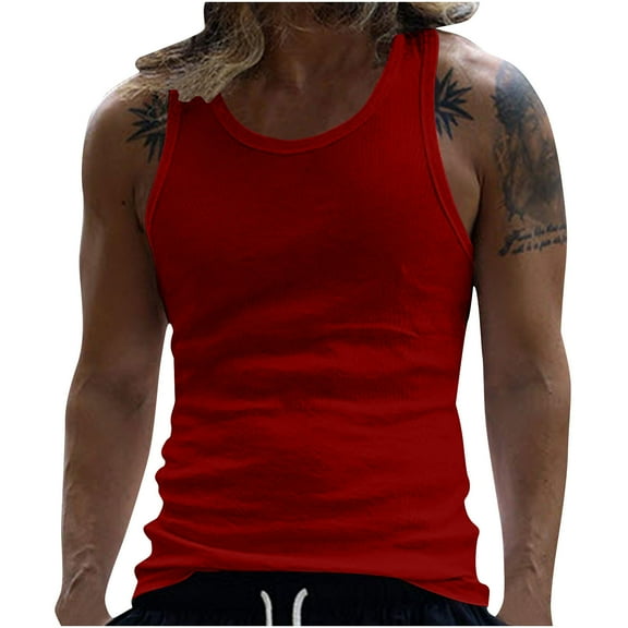 Yyeselk Men's Summer Tank Top Racerback Ribbed Knitted Workout Gym Muscle Tank Tops Casual Scoop Neck Sleeveless Lightweight T-Shirt Red XXL