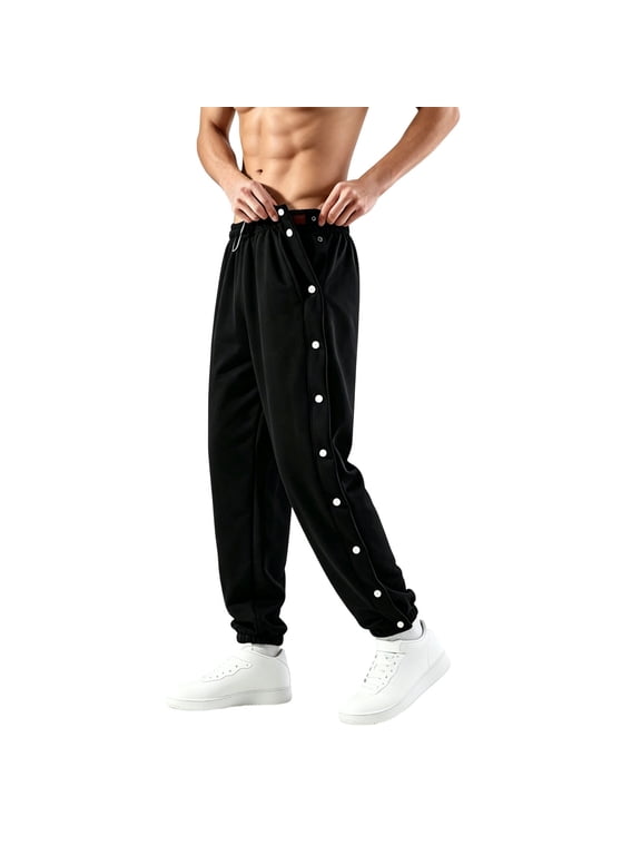 Men's Tear Away Tapered Sweatpants Side Slit Snap Button Baggy Basketball Pants Stretch Athletic Joggers with Pockets Black XL