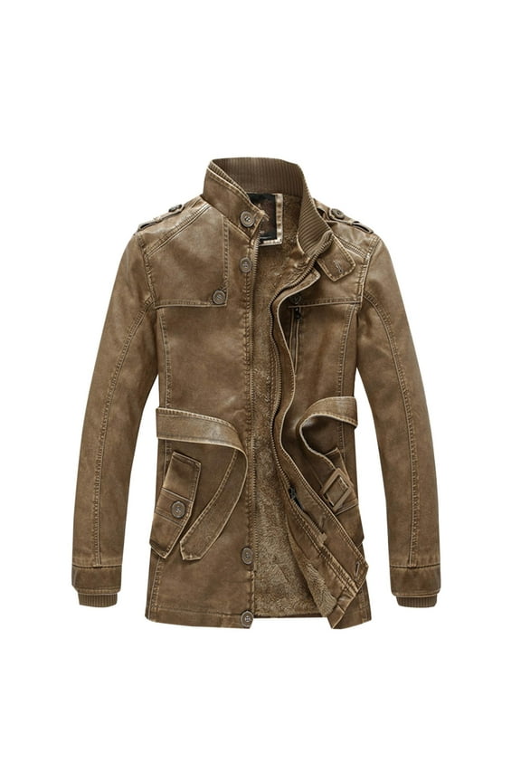 Mens Faux Pu Leather Long Trench Coat Vintage Classic Stand Collar Steampunk Gothic Motorcycle Biker Jacket Overcoat Windbreaker Khaki XXL