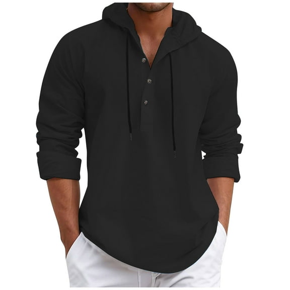 Yyeselk Mens Hoodies Relaxed Fit Button Up Casual Drawstring Hooded Sweatshirt Solid Color Lightweight Long Sleeve Pullover Shirts Black L