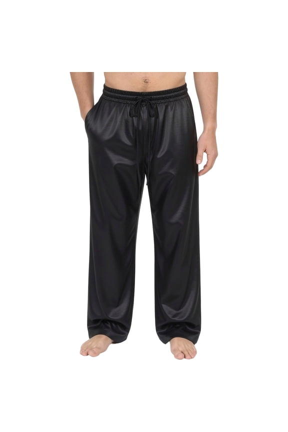 Mens Metallic Shiny Pants Disco Rave Costume Sparkly Holographic Party Trousers with Drawstring and Pockets Black L