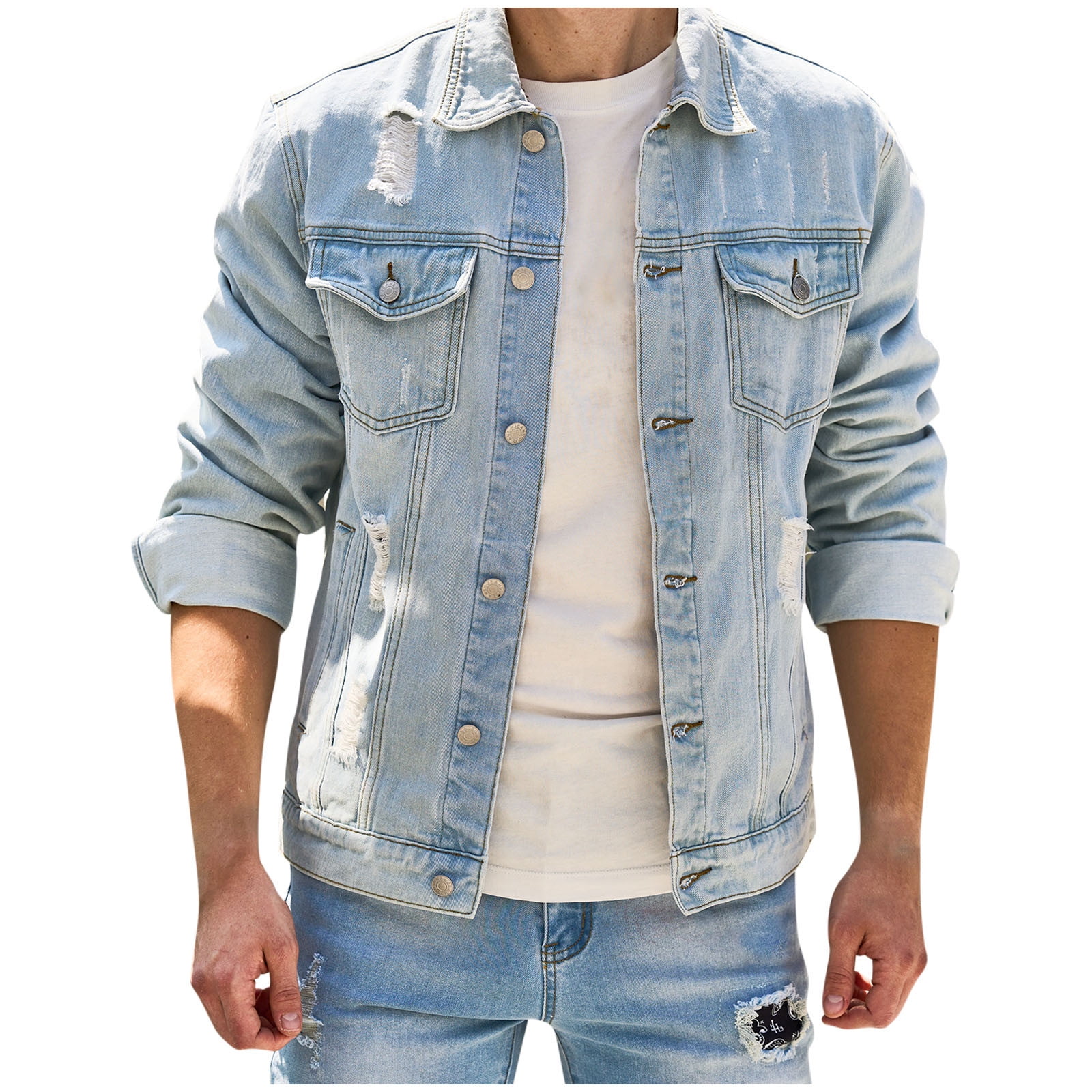 Distressed Jeans Long Jean Jacket With Rips LONGBIDA Men's
