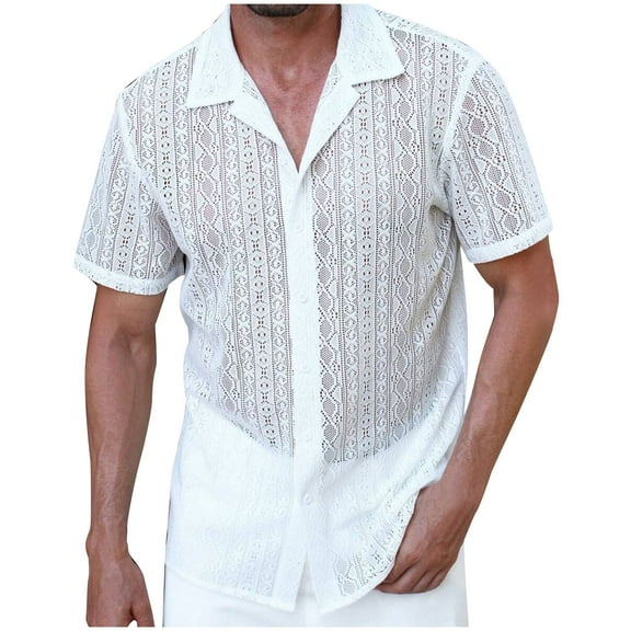 Yyeselk Mens Summer Lace Shirts See Through Sheer Short Sleeve Shirts Button Down Casual Vacation Beach Shirts White01 S