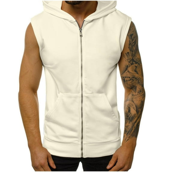 Yyeselk Mens Zip Up Sleeveless Hooded Sweatshirt Slim Fit Solid Color Casual Lightweight Vest Hoodies with Pockets White XL