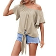 thumbnail image 1 of Yyeselk Off-Shoulder Tops for Women Ruched Ruffle Short Sleeves Comfy Blouses Trendy Pure Color Bow Tie Front Cotton and Linen Summer Shirt Tees Beige XL, 1 of 8