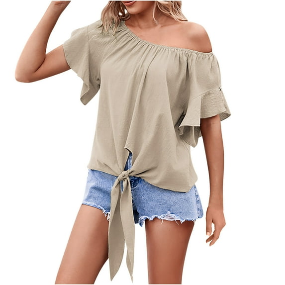 Yyeselk Off-Shoulder Tops for Women Ruched Ruffle Short Sleeves Comfy Blouses Trendy Pure Color Bow Tie Front Cotton and Linen Summer Shirt Tees Beige XL