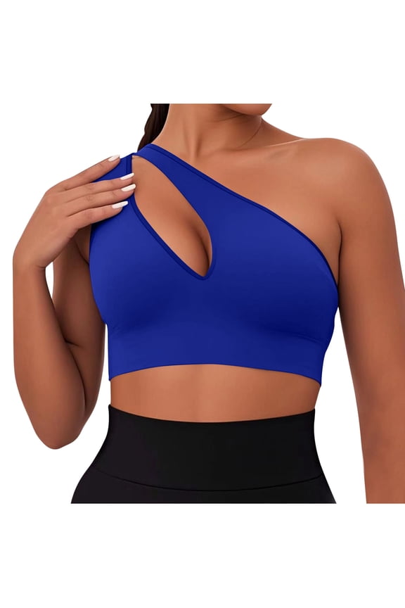 One Shoulder Sports Bra for Women Cutout Push-Up Seamless Workout Yoga Bra Medium Support Lift Up Athletic Fitness Gym Bra Blue XL