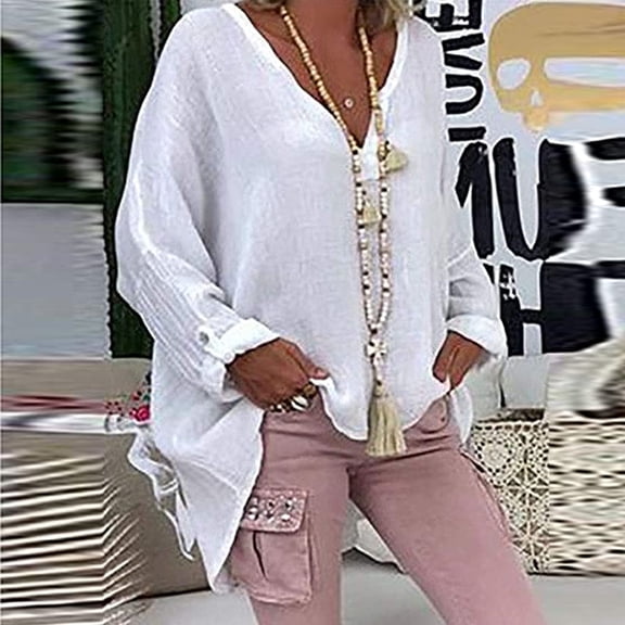 Yyeselk Oversized Blouses for Women Casual Sexy V-Neck Long Sleeves Tunic Tops Trendy Pure Color Cotton Linen Loose Fit Shirt Tees White L