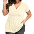thumbnail image 1 of Yyeselk Oversized Blouses for Women Sexy Deep V-Neck Short Sleeves Shirts Trendy Pure Color Pleated Peplum Babydoll Tunic Tops Summer Beige XXXXXL, 1 of 5