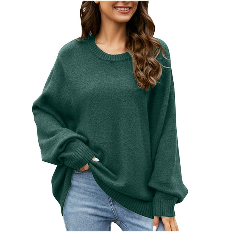 Yyeselk Oversized Sweaters for Women Casual Long Sleeve Drop Shoulder Solid Color Slouchy Soft Knitted Crew Neck Comfy Jumper Tops with Leggings Green