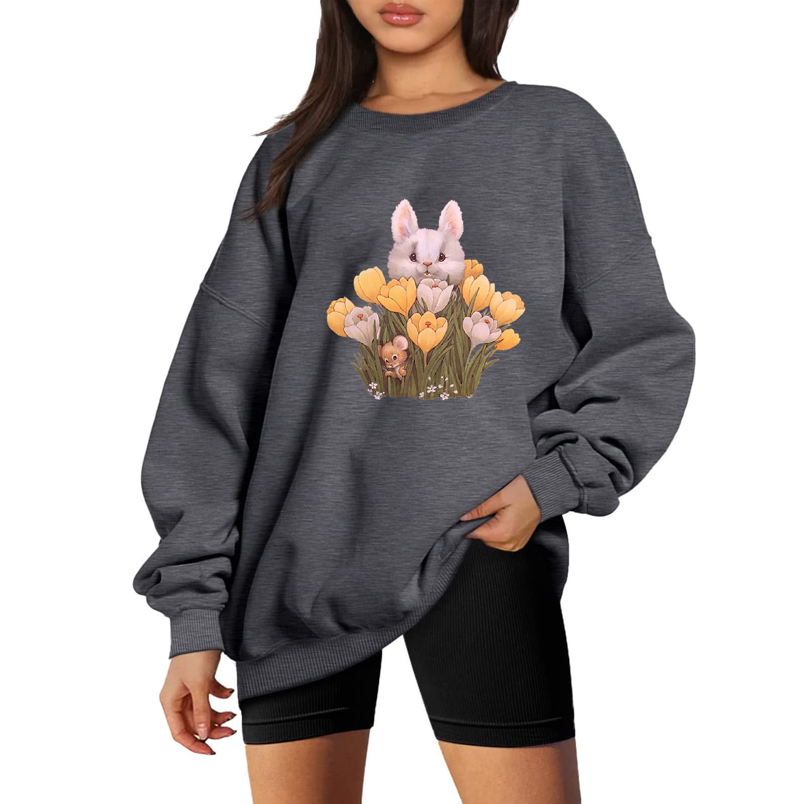 Yyeselk Oversized Sweatshirts for Women Fleece Crewneck Pullover Comfy  Clothes Rabbit Graphic Print Loose Sweater Blouse Tee Shirts Tshirts  Tops,Dark Gray XXL 