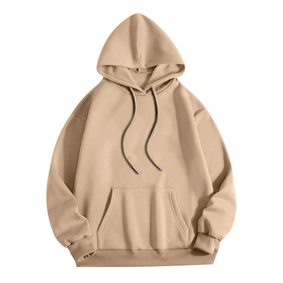 Yyeselk Oversized Sweatshirts for Women Casual Long Sleeves Round Neck Hoodies Trendy Pure Color Loose Fit Drawstring Blouses Pullover Khaki S
