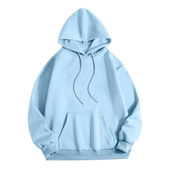Yyeselk Oversized Sweatshirts for Women Casual Long Sleeves Round Neck Hoodies Trendy Pure Color Loose Fit Drawstring Blouses Pullover Light Blue M
