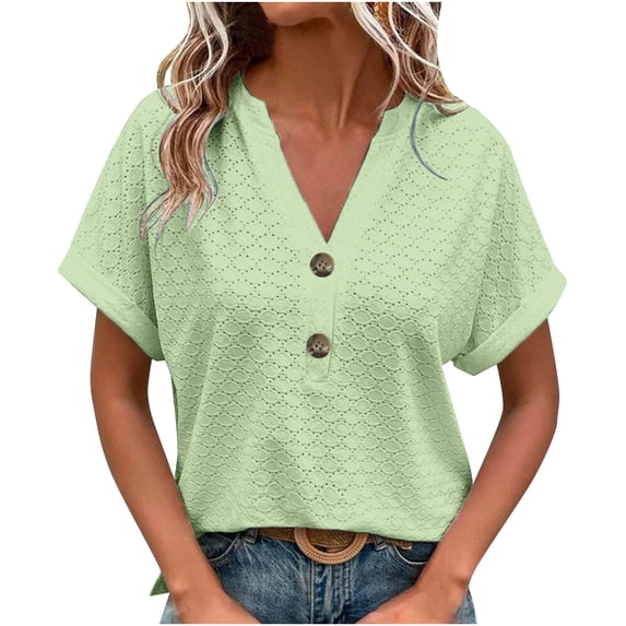 Yyeselk Roll up Cuff Short Sleeve Shirts for Women Casual Button up V-Neck Tunic Tops Trendy Crochet Eyelet Pure Color Breathable Blouses Summer Mint Green XXXL