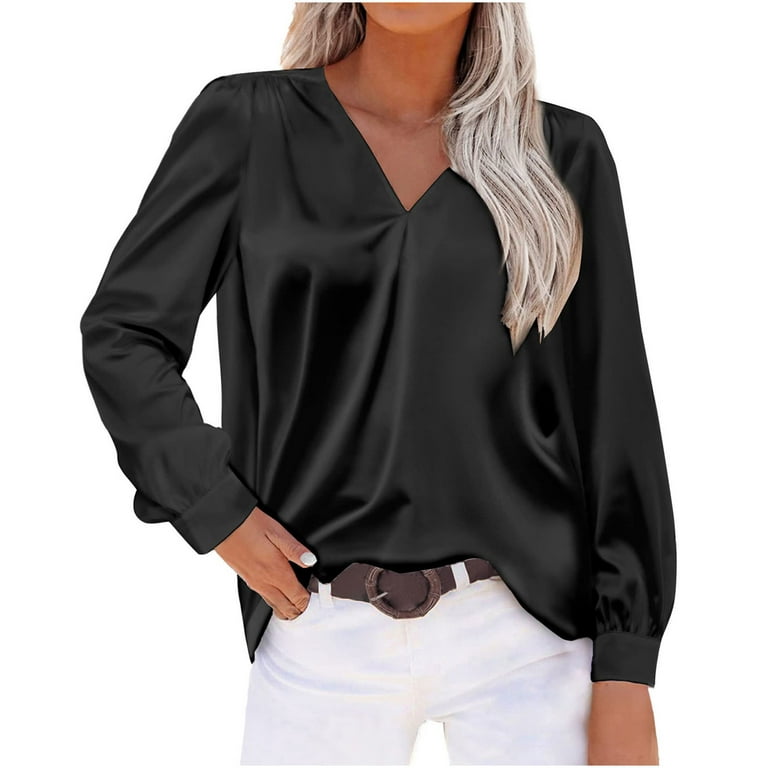Yyeselk Satin Blouses for Women Silk Shirts Puff Long Sleeve Sexy V-Neck  Silk Tops Elegant Casual Pure Color Office Work Blouse Female Black XXL