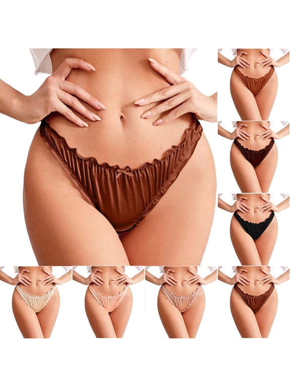 Satin Thongs for Women with Bow Silk Feeling Comfy Bikini Briefs Underwear Ruched G-String Thong Panties Smooth Quick Dry Panties Pink S