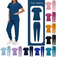 thumbnail image 1 of Yyeselk Scrub Set for Women Casual Side Slit Short Sleeve V-Neck Henley Tops & Drawstring Elastic Waist Jogger Pants Medical Uniform Suits with Multi-Pockets Hot Pink L, 1 of 10