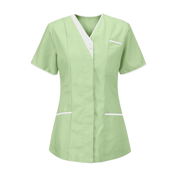 Yyeselk Scrub Tops for Women Summer V-Neck Short Sleeves Cozy Blouses Trendy Contrast Color Button up Working Uniform Shirts with Pocket Green XL