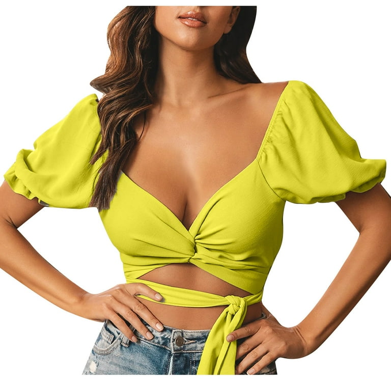 Women Crop Shirt Plunging Neckline Twist Front Short Blouse