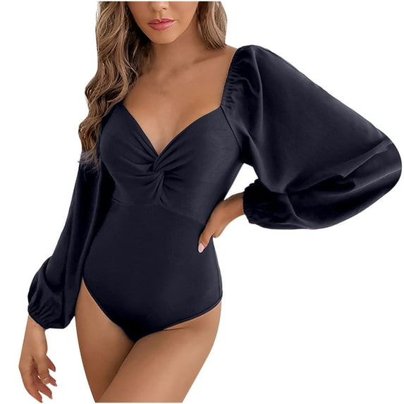 Yyeselk Sexy Women Blouses Casual Twist Front Deep V-Neck Long Sleeves Tunic Tops Trendy Pure Color Slim Fitted Shirt Tees for Ladies Blue L