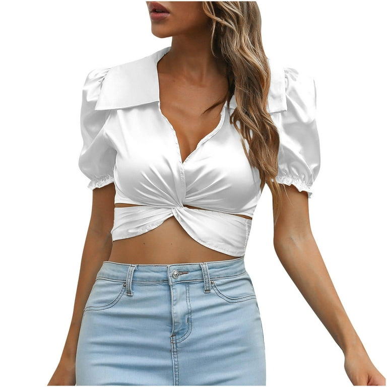 Yyeselk Sexy Women Crop Tops Leisure Lapel Collar V-Neck Puff Short Sleeves  Tunic Blouses Trendy Pure Color Twist Front Summer T-Shirt White M