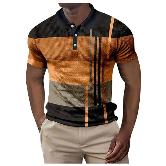 Yyeselk Short Sleeve Tops for Men Regular Fit Color Block Patchwork Button Up Pullover Shirts Daily Business Comfy Turndown Collar Casual Summer T Shirts Orange XXL