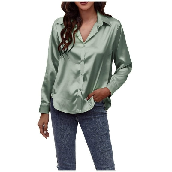 Yyeselk Silk Shirts for Women Casual Lapel Collar Sexy V-Neck Long Sleeves Tunic Tops Trendy Pure Color Button down Smooth Blouse Mint Green XXL