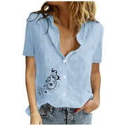 Yyeselk Simple Style Womens Summer Tops Casual Sexy V-Neck Short Sleeves Tunic Shirts Trendy Cotton and Linen Cute Graphic Print utton down Blouses Blue M