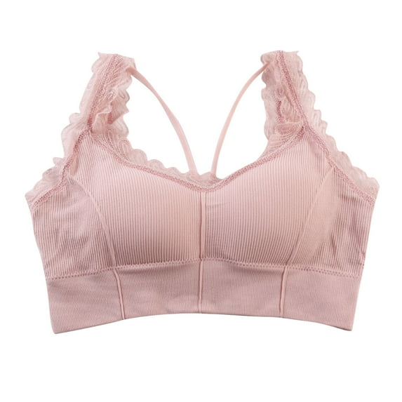 Yyeselk Sports Bra for Women Lace Trim Comfortable Wireless Padded Ribbed Top Athletic Support Workout Yoga Running Fitness Bralette Pink XL