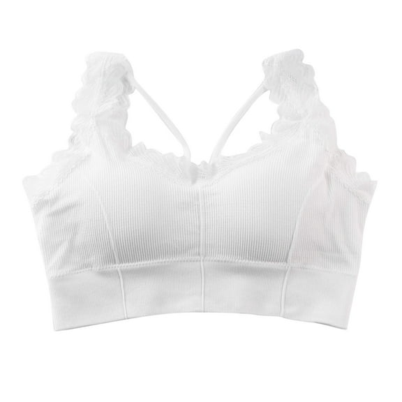 Yyeselk Sports Bra for Women Lace Trim Comfortable Wireless Padded Ribbed Top Athletic Support Workout Yoga Running Fitness Bralette White XL