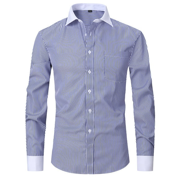 Yyeselk Suit Shirts for Men Long Sleeve Casual Slim Fit Vertical Striped Shirt Button Down Lapel Business Formal Dress Shirt Blue XL