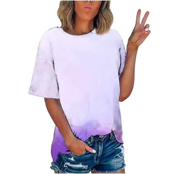 Yyeselk Summer Womens Basic Shirts Casual Short Sleeves Crew Neck Cozy Blouses Fashion Gradient Color Pattern Print Ladies Tunic Tops Purple XL