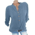 thumbnail image 1 of Yyeselk Summer Womens Cotton Linen Blouses Causal Button up V-Neck Roll up Cuff Short Sleeves Tunic Tops Fashion Pure Color Shirts with Pocket Blue XL, 1 of 3