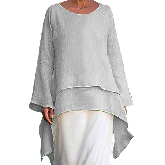 Yyeselk Summer Womens Tunic Tops Trendy Double Layered Asymmetric Hem Tee Shirts Fashion Pure Color Cotton Linen Cozy Blouses Pullover Gray L