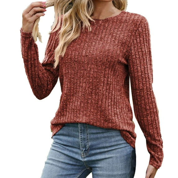 Yyeselk Sweaters for Women Lightweight Pure Color Pullover Sweatshirts Fashion Round Neck Long Sleeves Tunic Tops Shirts Loose Fit Red S