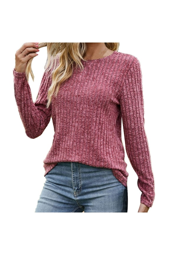 Sweaters for Women Lightweight Pure Color Pullover Sweatshirts Fashion Round Neck Long Sleeves Tunic Tops Shirts Loose Fit Wine S