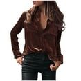 thumbnail image 1 of Yyeselk T-Shirts for Women Casual Lapel Collar Sexy V-Neck Long Sleeves Tunic Tops Fashion Comfortable Golden Velvet Blouses with Pockets Brown XXL, 1 of 5