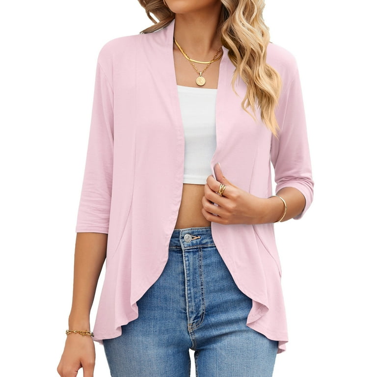 Yyeselk Trendy Women Summer Blouses Casual Half Sleeves Tunic Shirt Leisure  Pure Color Loose Fit Cardigan Tops to Wear with Leggings Pink M