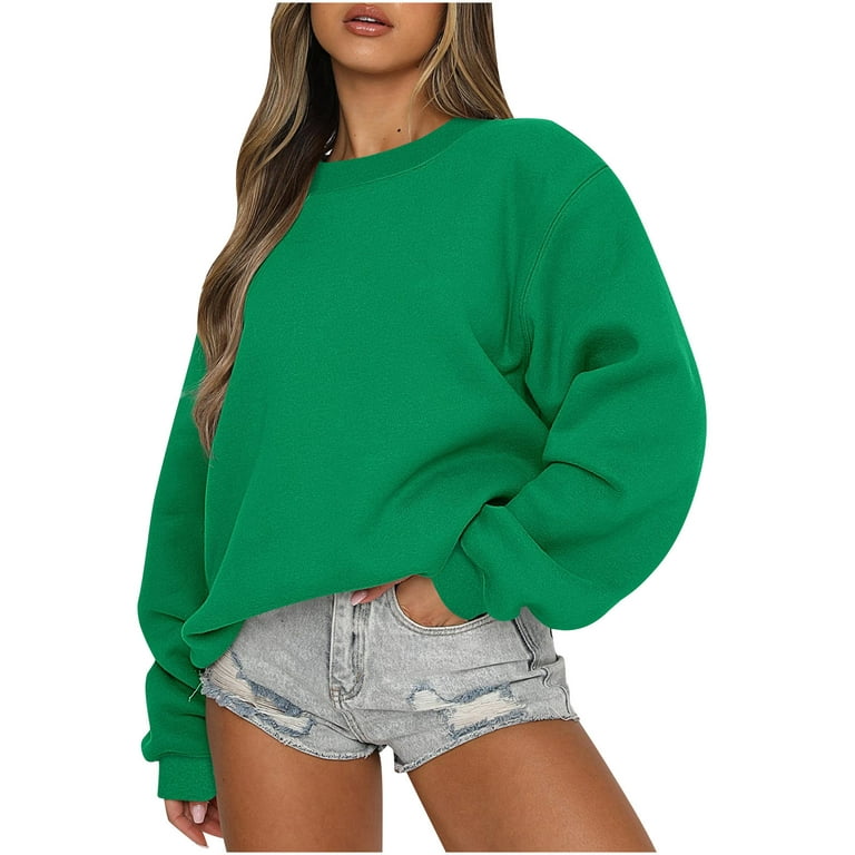 Yyeselk Trendy Womens Oversized Sweatshirts Fleece Hoodless Long Sleeve  Shirts Pullover Fall Clothes with Pocket Casual Pure Color Blouses Green M  