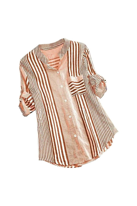 Tunic Tops to Wear with Leggings Leisure Roll up Cuff Sleeves Sexy V-Neck Cozy Blouses Trendy Button down White and Black Stripe Print Tee Shirt with Pocket Orange XXXXL