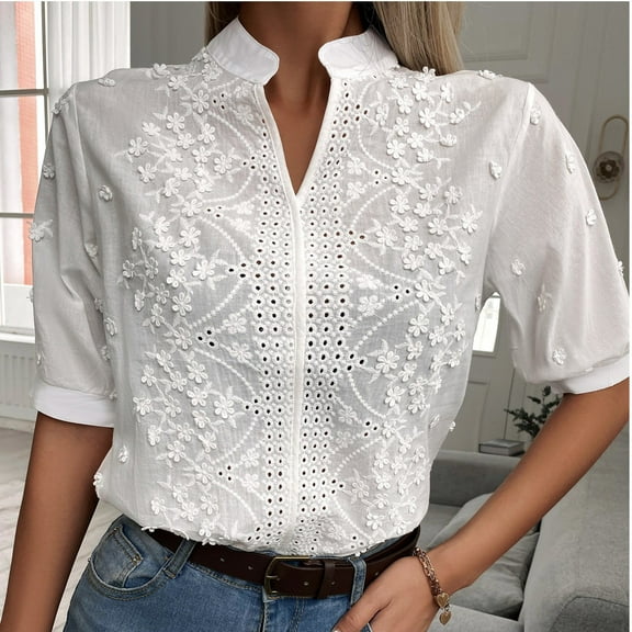 Yyeselk Tunics or Tops to Wear with Leggings Puff Sleeves V-Neck Cozy Blouses Fashion Crochet Eyelet Pure Color Summer Ladies T-Shirts White XL