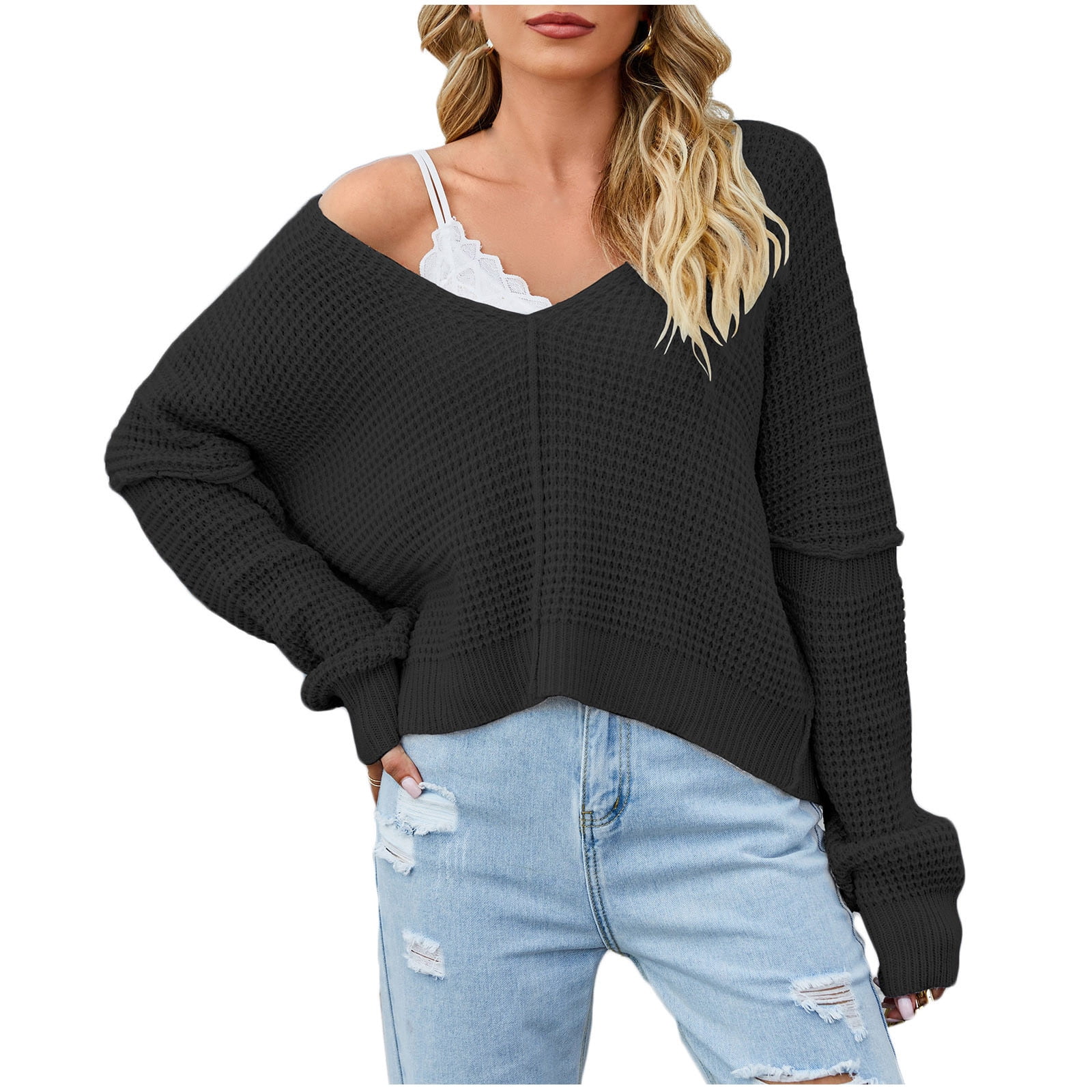 Yyeselk Waffle Knit Sweaters for Women Casual V Neck Solid Yyeselk Waffle Knit Sweaters for Women Casual V Neck Solid