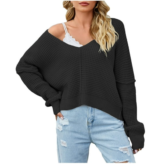 Yyeselk Waffle Knit Sweaters for Women Casual V Neck Solid Color Oversized Drop Shoulder Long Sleeve Comfy Relaxed Fit Crop Pullover Sweater Tops Black L