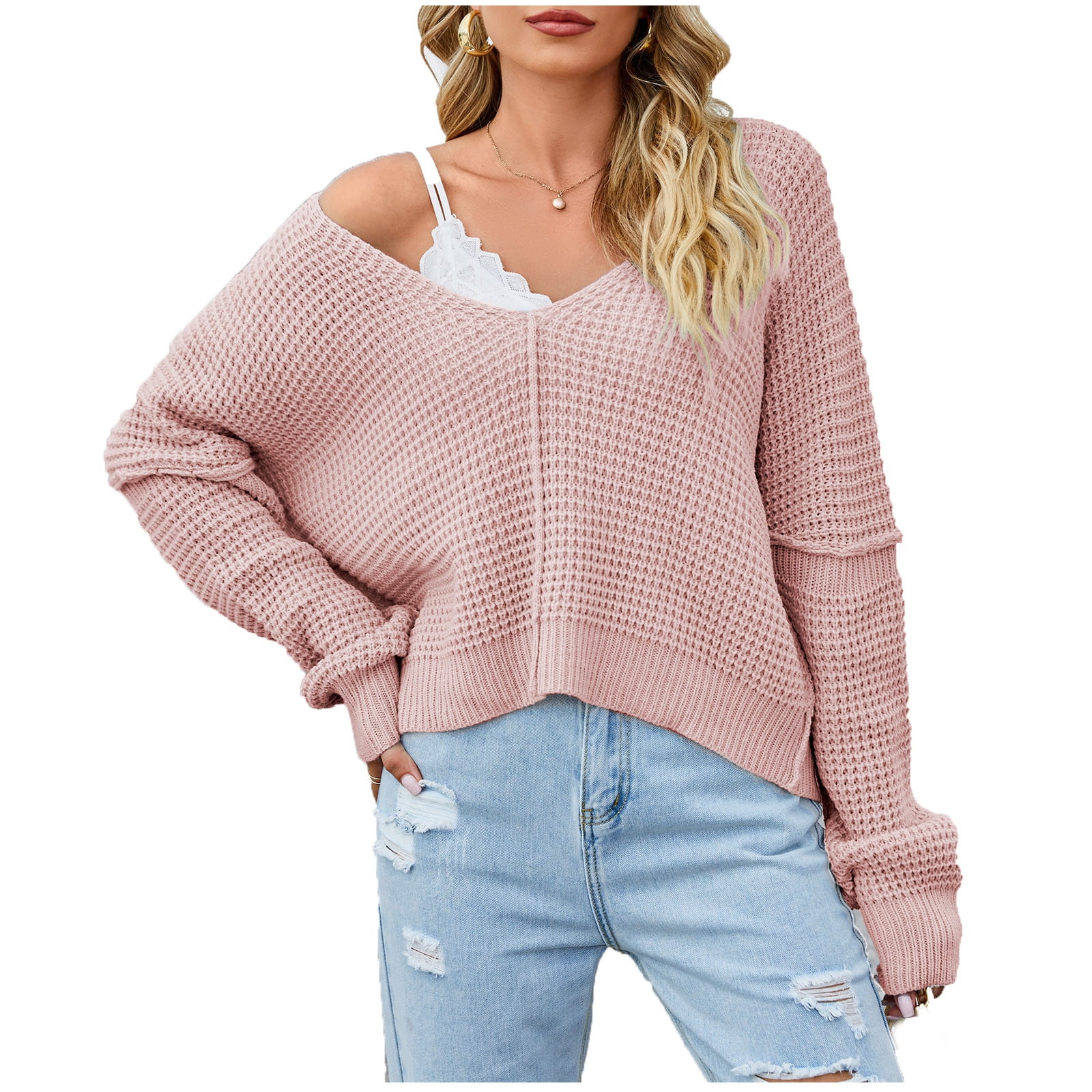 Yyeselk Waffle Knit Sweaters for Women Casual V Neck Solid Color Oversized  Drop Shoulder Long Sleeve Comfy Relaxed Fit Crop Pullover Sweater Tops