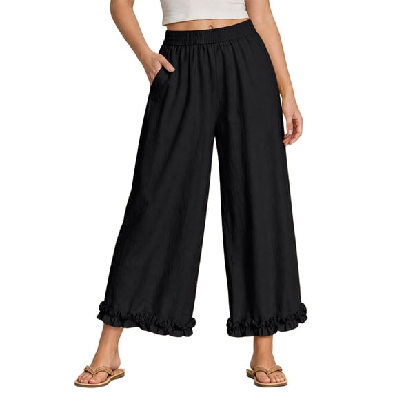 Yyeselk Wide Leg Cropped Pants for Women Casual High Waisted Ruffle Hem Loose Fit Trousers Elastic Waist Large Size (M-4XL) Slacks with Pockets Black M