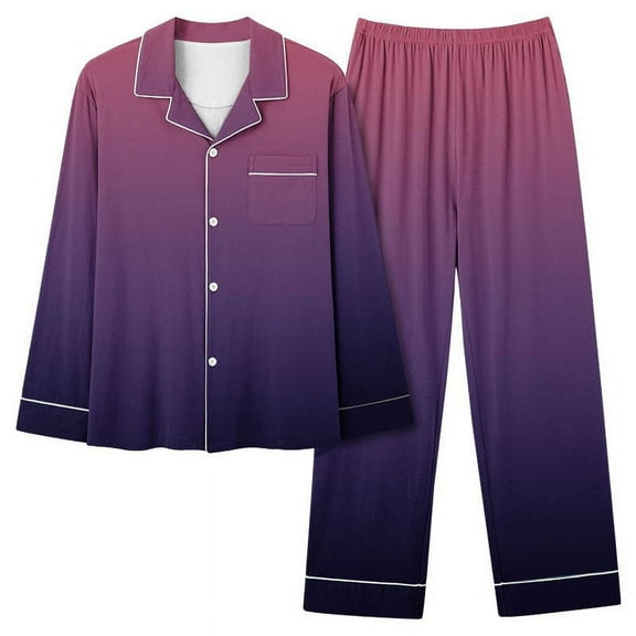 Yyeselk Women 2 Piece Matching Pajamas Long Sleeve Casual Button Down Trendy Gradient Printed Notch Collar Shirt Elastic Waist Long Pant Nightwear Lounge Set Purple L