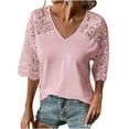 thumbnail image 1 of Yyeselk Women Casual Summer Blouses Short Sleeves Sexy V-Neck T-Shirt Pure Color Crochet Eyelet Patchwork Lace Mesh Splicing Pullover Tops Pink S, 1 of 6