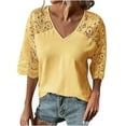 thumbnail image 1 of Yyeselk Women Casual Summer Blouses Short Sleeves Sexy V-Neck T-Shirt Pure Color Crochet Eyelet Patchwork Lace Mesh Splicing Pullover Tops Yellow XXXXL, 1 of 6