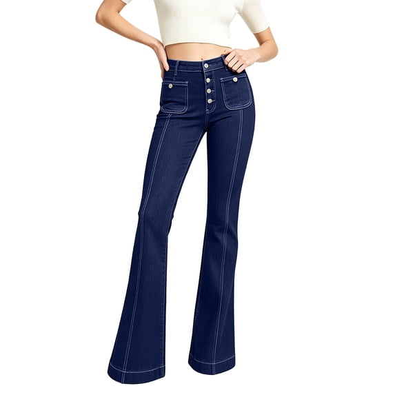 Yyeselk Women Flare Bell Jean Bottom Button Placket High Waist Jeans Vintage Stretch Wide Leg Bootcut Denim Trousers with Pockets Dark Blue L